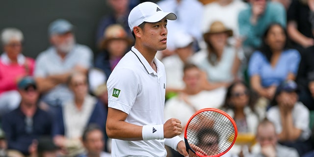 Yibing Wu festeggia durante una partita di Wimbledon