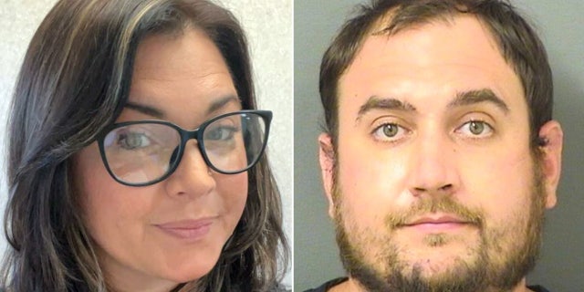 Florida woman wearing glasses smiles next to booking photo of stone-faced man with beard
