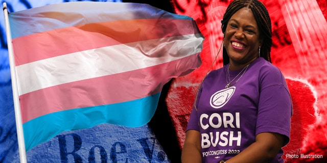 Cori Bush next to the Trans Pride flag