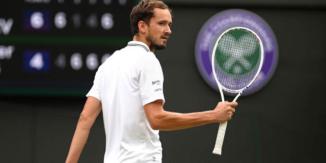 Daniil Medvedev celebrates a point during a quarterfinal match at Wimbledon