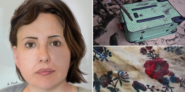 Delray Beach woman rendering next to turquoise suitcase and floral pattern.