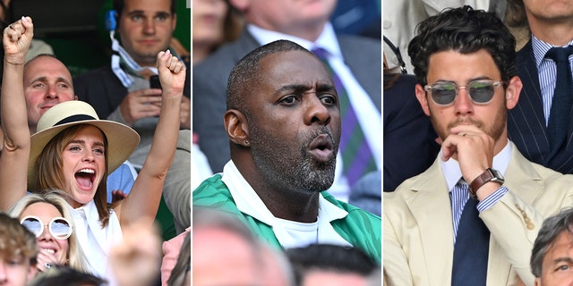 Three split of Emma Watson, Idris Elba, and Nick Jonas reacting to Wimbledon.