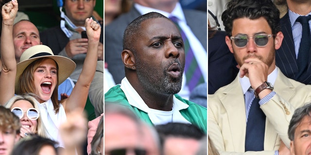 Three split of Emma Watson, Idris Elba, and Nick Jonas reacting to Wimbledon.