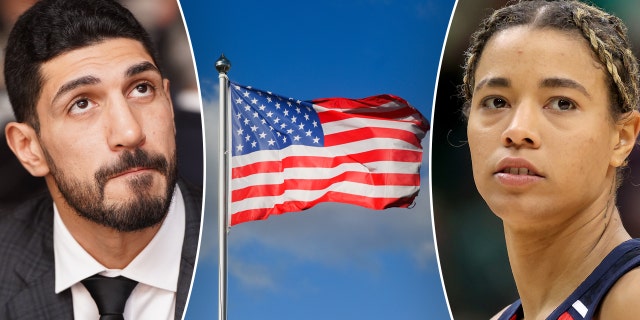 Divisione a tre di Enes Kanter Freedom, una bandiera americana e Natasha Cloud