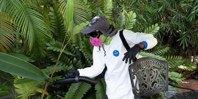Un inspector de control de mosquitos de Miami-Dade rocía un pesticida para matar mosquitos adultos