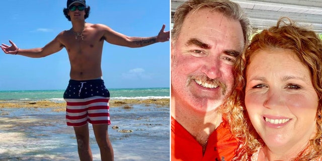 Man wearing American flag shorts poses at the beach next to a photo of a smiling couple.