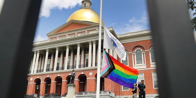 Pride flag outside the Massachusetts State House