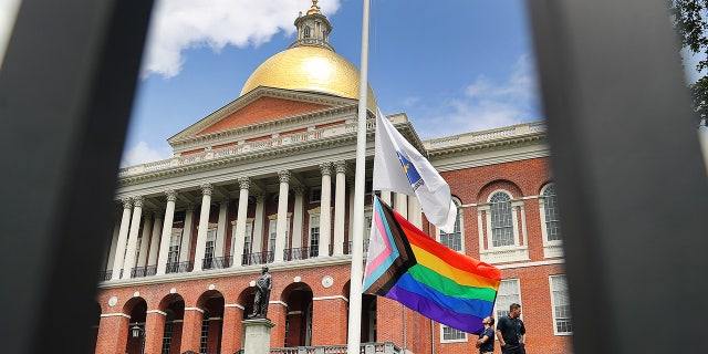 Pride flag outside the Massachusetts State House