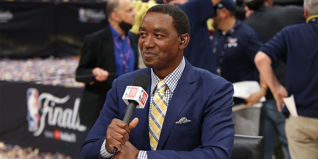 NBA TV analyst Isiah Thomas looks on after an NBA Finals game
