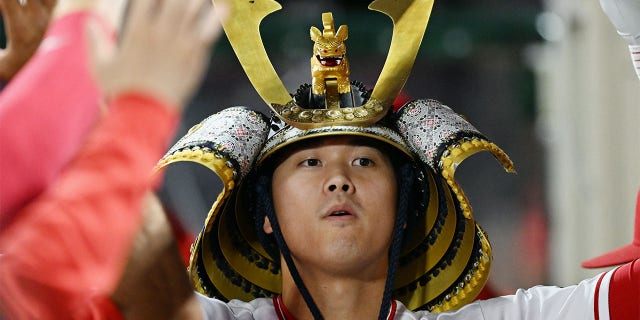 Shohei Ohtani celebrates after his fifth inning home run