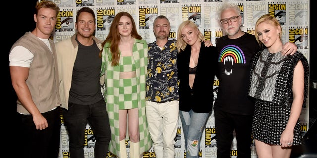  Will Poulter, Chris Pratt, Karen Gillan, Sean Gunn, Pom Klementieff, James Gunn and Maria Bakalova participate in the Marvel Studios’ Live-Action presentation at San Diego Comic-Con