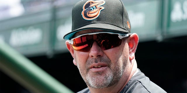 Brandon Hyde stands in the dugout before a game against the Cubs