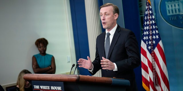 White House National Security Advisor Jake Sullivan addresses the press