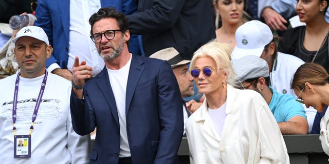 Hugh Jackman and Deborra-Lee Furness watch Wimbledon in the stands