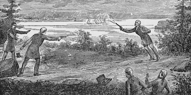 black and white carving of the Hamilton/Burr duel