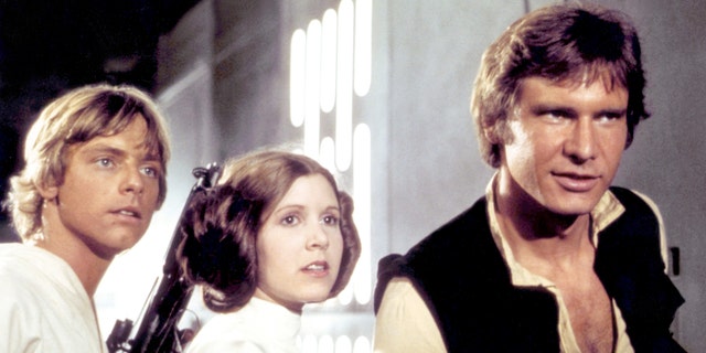 Mark Hamill, Carrie Fisher and Harrison Ford in character for "Star Wars"