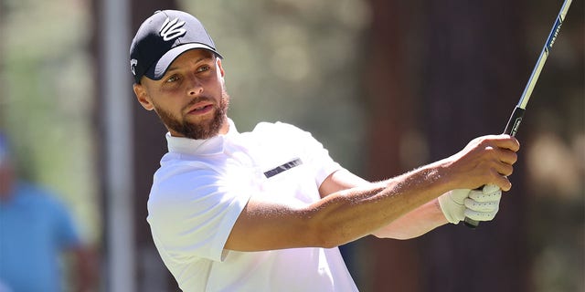 Stephen Curry hits a tee shot at a celebrity golf tournament