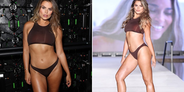 Side by side of Brooks Nader wearing a dark hued bikini