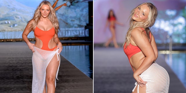 a side-by-side photo of Camille Kostek walking down the runway
