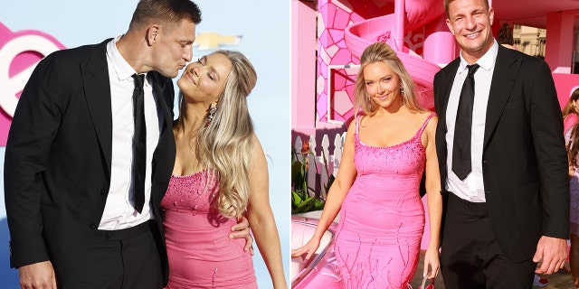 A side-by-side photo of Camille Kostek and Rob Gronkowski at the premiere of Barbie