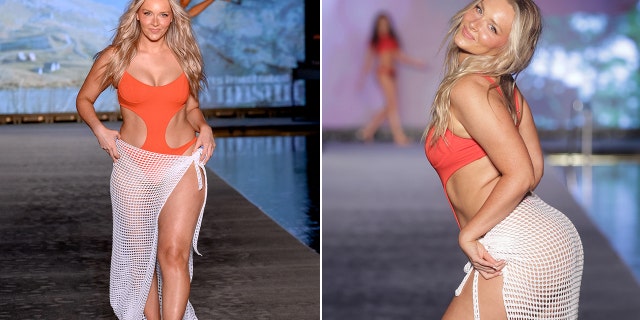 A side-by-side photo of Camille Kostek on the SI Swimsuit Runway show
