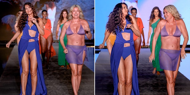 A side-by-side photo of Carol Alt wearing a blue swimsuit on the runway