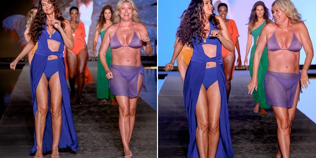 A side-by-side photo of Carol Alt wearing a blue swimsuit on the runway
