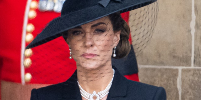 a close-up of Kate Middleton wearing a black dress at a funeral