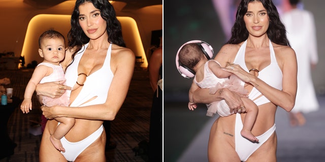 A side-by-side photo of Nicole Williams English walking the runway with her daughter
