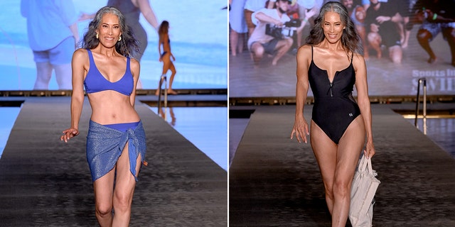 A side-by-side photo of Nina Cash modeling swimsuits on the runway