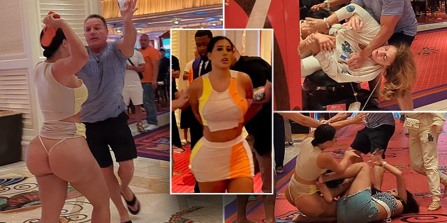 woman in thong brandishes shoe during brawl in casino