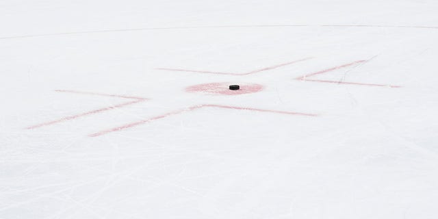 A hockey puck in the faceoff circle