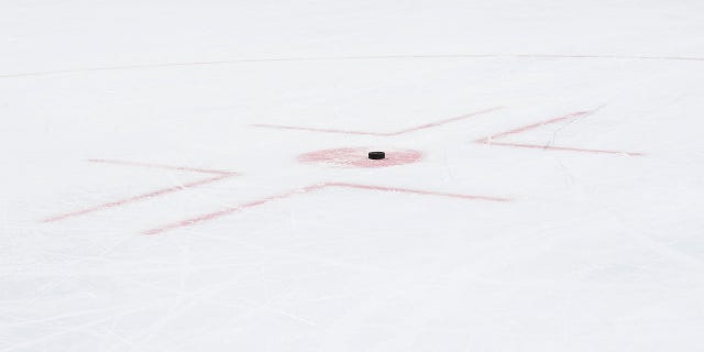 A hockey puck in the faceoff circle