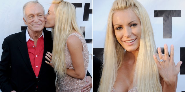 side by side Hugh Hefner and Crystal Hefner and Crystal showing engagement ring