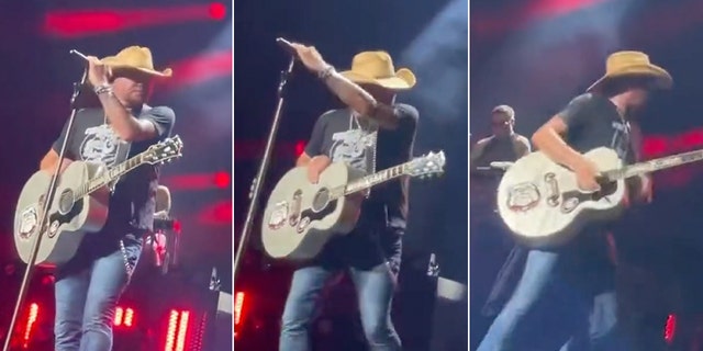 Three pictures of Jason Aldean as he struggles and eventually leaves the stage