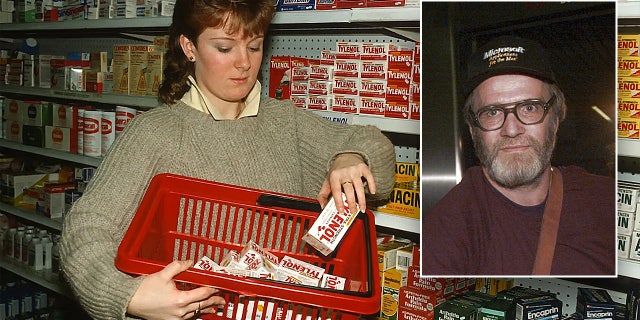 A woman shown pulling Tylenol bottles from a shelf in 1982 with an inset of James Lewis.
