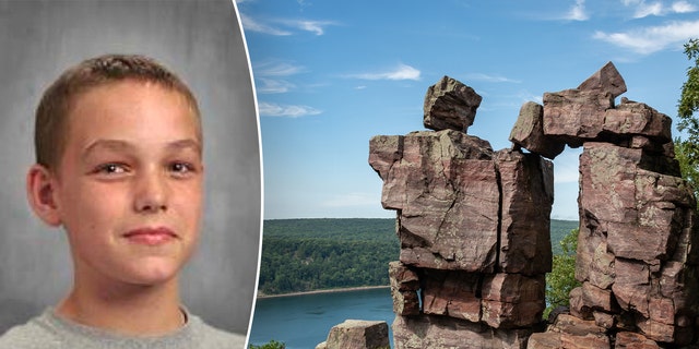 James Yoblonski inset over Devils Lake rock formation Devils Doorway