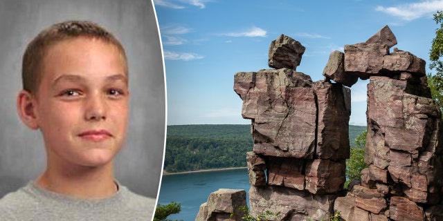 James Yoblonski inset over Devils Lake rock formation Devils Doorway