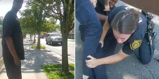 A man stands on a sidewalk, left, police tussle with a man on the ground, right.