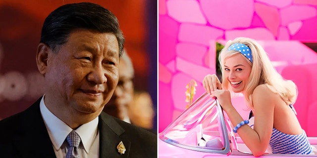 Xi Jinping on left and Margot Robbie dressed as Barbie on right