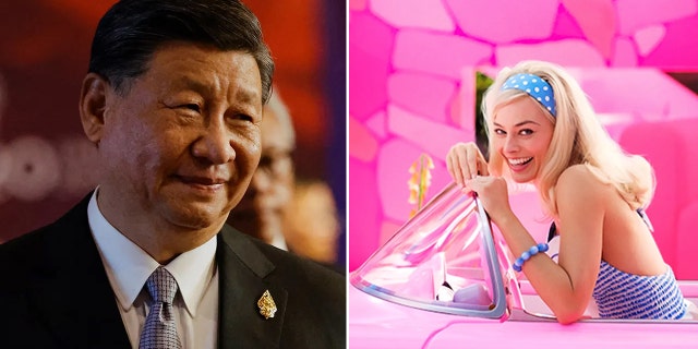 Xi Jinping on left and Margot Robbie dressed as Barbie on right