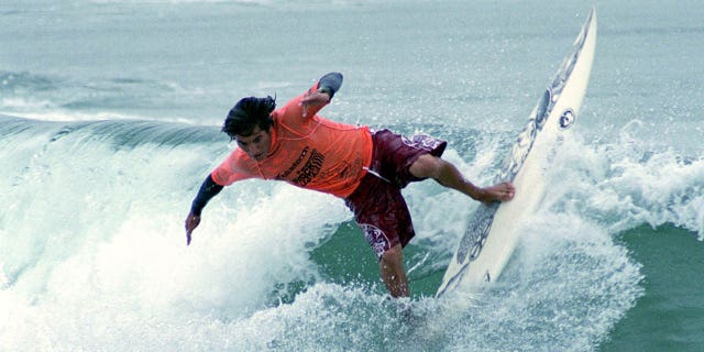 American surfer Mikala Jones during competition in 2000