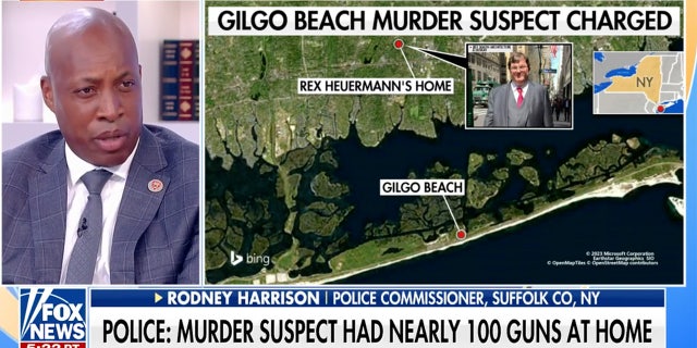 Rodney Harrison next to a graphic of Gilgo Beach.