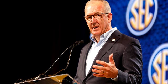 SEC Commissioner Greg Sankey speaks to the media