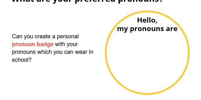 Pronoun badge in Just Like Us curriculum