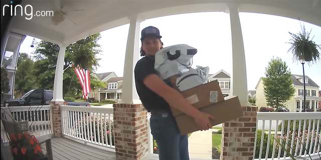 Son picks up mom's packages