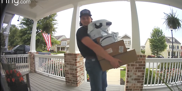 Son picks up mom's packages