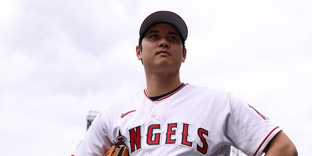 Shohei Ohtani looks up on field