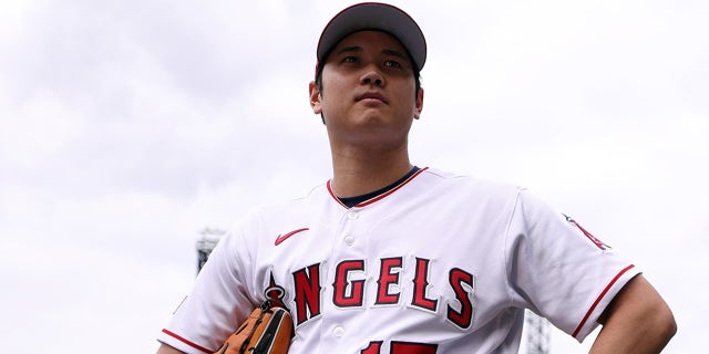 Shohei Ohtani looks up on field