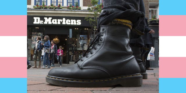 The Dr. Martens shoe over the trans flag
